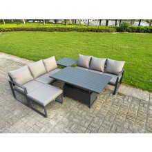 Fimous 5 Pieces Garden Furniture Set Aluminium Adjustable Rising Lifting Dining Table and Sofa Set with Side Table Big Footstool Dark Grey