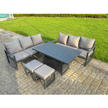 Fimous 5 Pieces Garden Furniture Set Aluminium Adjustable Rising Lifting Dining Table and Sofa Set with 2 Small Footstools Dark Grey