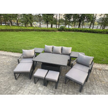 Fimous Aluminium Garden Furniture Sets 9 Seater Outdoor Sofa Set with Adjustable Rising Lifting Dining Table 2 Chairs 4 Footstools 2 Side Tables