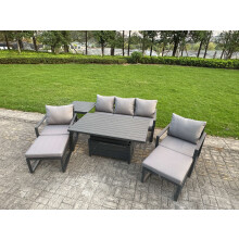 Fimous 7-Piece Aluminium Garden Furniture Sets 7 Seater Outdoor Sofa Set with Adjustable Rising Lifting Dining Table 2 Chairs 2 Big Footstools Side Ta