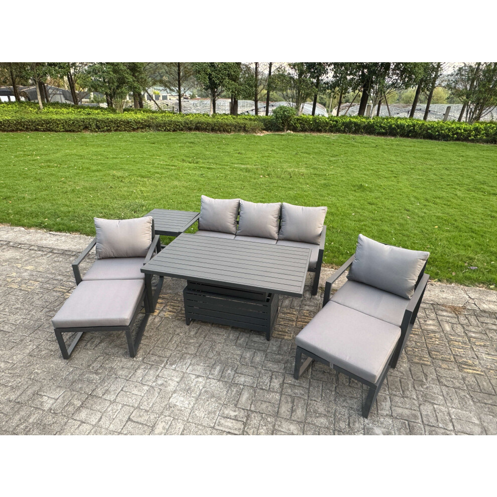 Rackhams Dark/Grey 7 Seater Aluminium Garden Furniture Set With Adjustable Rising Dining Table, 2 Chairs, 2 Footstools, Side Table - Image 3