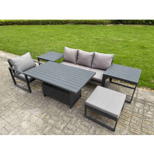 Fimous Aluminium Garden Furniture Set 6 Piece Aluminium Lounge Seating Adjustable Rising Lifting Dining Table Set with 2 Side Tables Big Footstool Dar