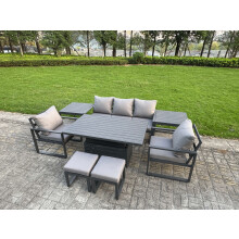 Fimous 8-Piece Aluminium Garden Furniture Sets 7 Seater Outdoor Sofa Set with Adjustable Rising Lifting Dining Table 2 Chairs 2 Small Footstools 2 Sid