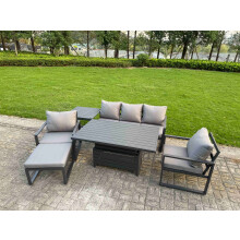 Fimous 6-Piece Aluminium Garden Furniture Sets 6 Seater Outdoor Sofa Set with Adjustable Rising Lifting Dining Table 2 Chairs Big Footstool Side Table