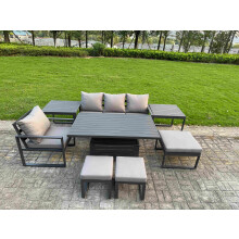 Fimous Aluminum Outdoor Dining Set Patio Dining Furniture Set Includes Adjustable Rising Lifting Dining Table Chairs with 3 Footstools 2 Side Tables