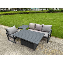 Fimous Aluminium Garden Furniture Set 4 Piece Aluminium Lounge Seating Adjustable Rising Lifting Dining Table Set with Cushions Side Table Dark Grey