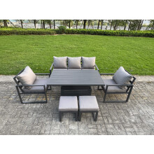 Fimous 6-Piece Aluminium Garden Furniture Sets 7 Seater Outdoor Sofa Set with Adjustable Rising Lifting Dining Table 2 Chairs 2 Small Footstools