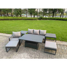 Fimous 7-Piece Aluminium Garden Furniture Sets 6 Seater Outdoor Conversational Dining Set with Adjustable Rising Lifting Dining Table 2 Side Table