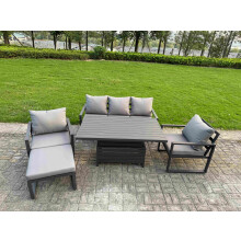 Fimous 5-Piece Aluminium Garden Furniture Sets 6 Seater Outdoor Sofa Set with Adjustable Rising Lifting Dining Table 2 Chairs Big Footstool