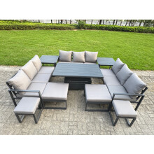 Fimous Aluminum Outdoor Patio Furniture Set Modern Patio Conversation Sets with Adjustable Rising Lifting Dining Table 4 Footstools 2 Side Tables Dark