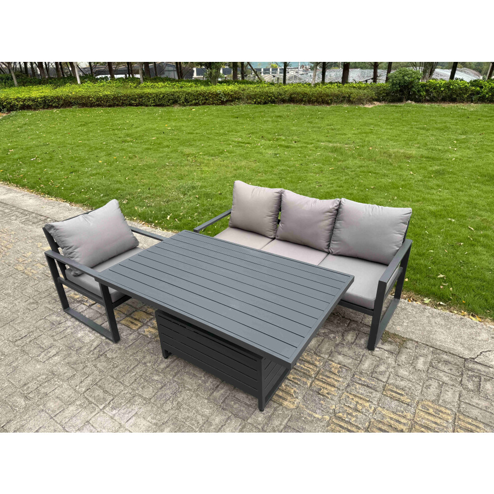 Fimous Aluminium Garden Furniture Set 3 Piece Aluminium Lounge Seating Adjustable Rising Lifting Dining Table Set With Cushions Dark Grey