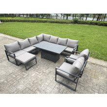 Fimous 10 Seater Aluminium Sofa Set 9 Pieces Outdoor Garden Furniture - Rising Dining Table with Cushions Big Footstool 2 Chair Footstool Dark Grey