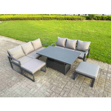 Fimous 5 Pieces Garden Furniture Set Aluminium Adjustable Rising Lifting Dining Table and Sofa Set with 2 Small Footstools Dark Grey
