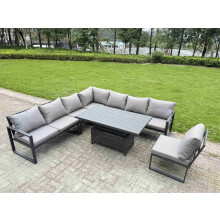 Fimous 7 Pieces Aluminium Garden Furniture Set with Cushions, Patio Furniture Set with Adjustable Rising Lifting Dining Table Dark Grey