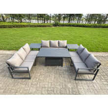 Fimous U-shaped Garden Furniture Set 9-Seater Aluminium Outdoor Dining Set with Adjustable Rising Lifting Dining Table 2 Side Tables Dark Grey