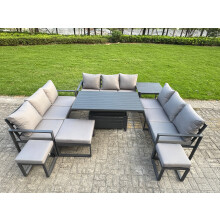 Fimous Aluminum Outdoor Patio Furniture Set Modern Patio Conversation Sets with Adjustable Rising Lifting Dining Table 3 Footstools Side Table Dark Gr