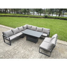 Fimous 8 Pieces Aluminium Garden Furniture Set with Cushions, Patio Furniture Set with Adjustable Rising Lifting Dining Table Dark Grey