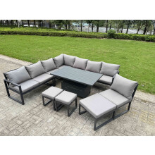 Fimous 10 Pieces Aluminium Garden Furniture Set with Cushions, Patio Furniture Set with Adjustable Rising Lifting Dining Table 3 Footstools Dark Grey