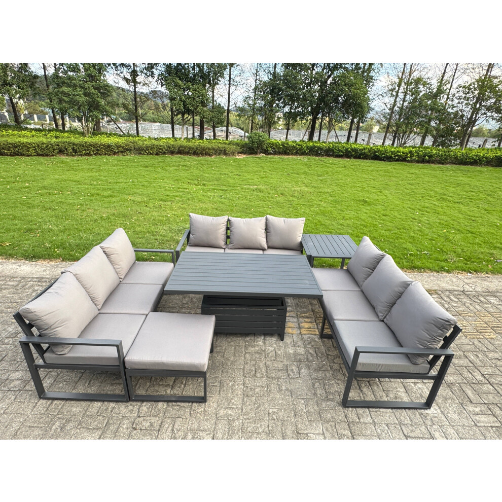 Fimous U-Shaped Garden Furniture Set 10-Seater Aluminium Outdoor Dining Set With Adjustable Rising Lifting Dining Table Side Table Big Footstool Dark