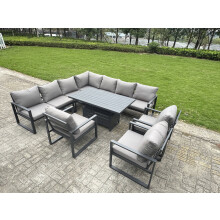 Fimous 9 Piece L-shaped Garden Furniture Set 10-Seater Aluminium Outdoor Dining Set with Adjustable Rising Lifting Dining Table 3 Chairs Dark Grey