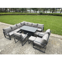 Fimous 11 Piece L-shaped Garden Furniture Set 12-Seater Aluminium Outdoor Dining Set with Adjustable Rising Lifting Dining Table 3 Chairs 2 Small Foot