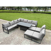 Fimous 10 Pieces Aluminium Garden Furniture Set with Cushions, Patio Furniture Set with Adjustable Rising Lifting Dining Table 2 Big Footstools Dark G