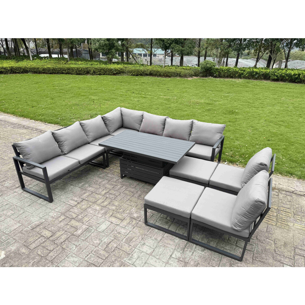 Rackhams Grey 10 Seater Aluminium Garden Furniture Set With Adjustable Rising Dining Table, Corner Sofa, 2 Footstools - Image 2