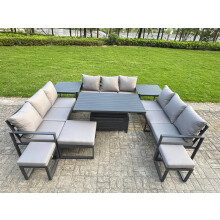 Fimous Aluminum Outdoor Patio Furniture Set Modern Patio Conversation Sets with Adjustable Rising Lifting Dining Table 3 Footstools 2 Side Tables Dark