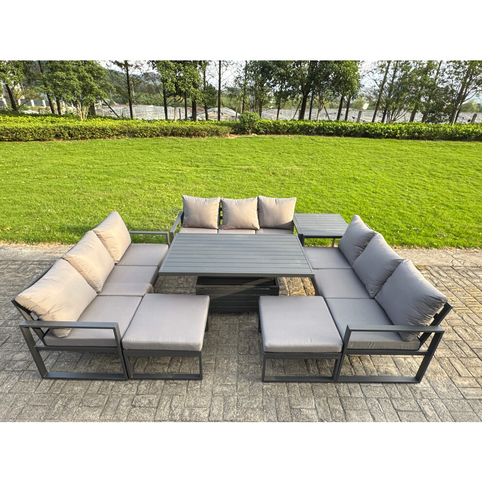 Fimous Aluminum Outdoor Patio Furniture Set Modern Patio Conversation Sets With Adjustable Rising Lifting Dining Table Big Footstool Side Table Dark G