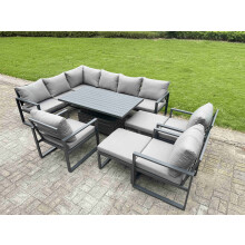 Fimous Aluminium Garden Furniture Sets,11 Seater Outdoor Conversational Dining Set with Adjustable Rising Lifting Dining Table,2 Big Footstools Dark G