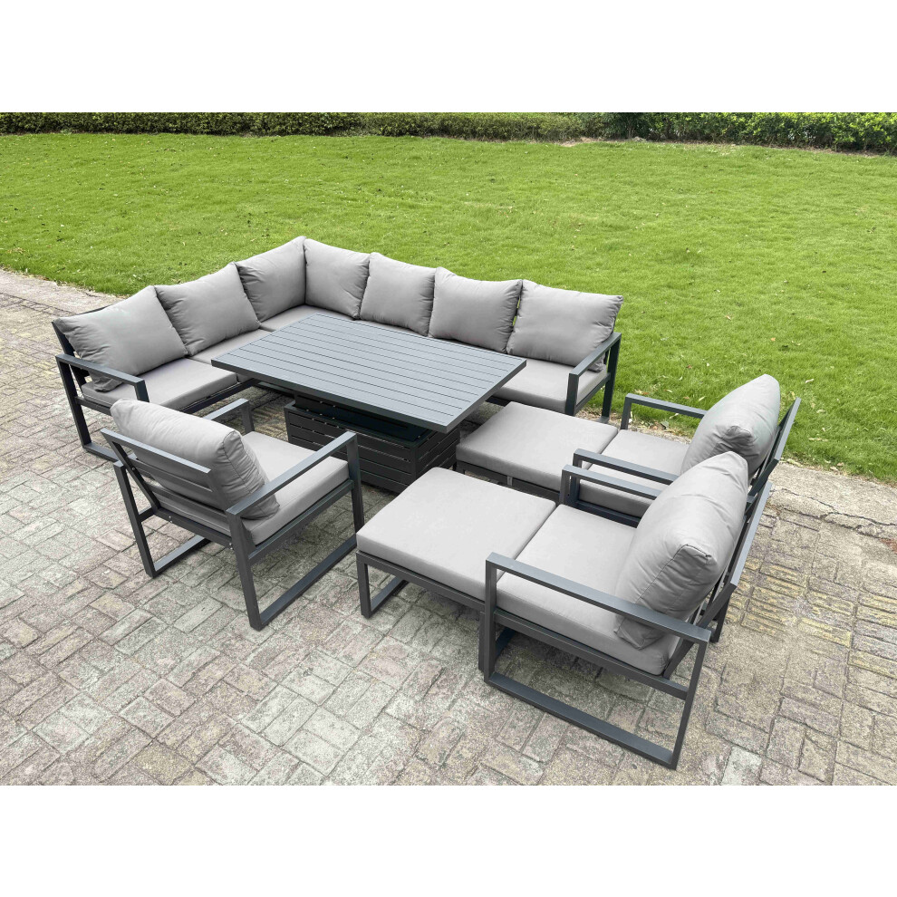 Fimous Aluminium Garden Furniture Sets,11 Seater Outdoor Conversational Dining Set With Adjustable Rising Lifting Dining Table,2 Big Footstools Dark G