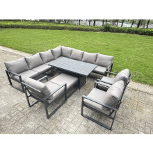 Fimous 11 Seater Aluminium Sofa Set 10 Pieces Outdoor Garden Furniture - Rising Dining Table with Cushions Big Footstool 3 Chairs Footstool Dark Grey