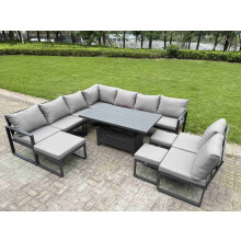 Fimous 11 Pieces Aluminium Garden Furniture Set with Cushions, Patio Furniture Set with Adjustable Rising Lifting Dining Table 3 Footstools Dark Grey