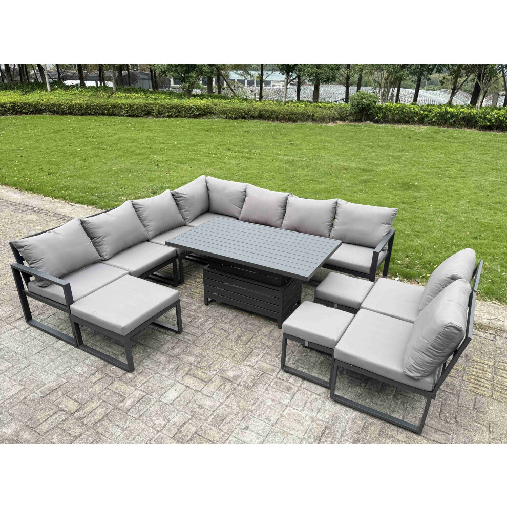 Fimous Aluminum 11 Piece Patio Set With Lifting Table, Cushions & 3 Footstool - Dark Grey - Image 3