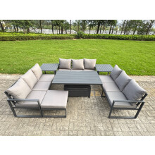 Fimous U-shaped Garden Furniture Set 10-Seater Aluminium Outdoor Dining Set with Adjustable Rising Lifting Dining Table 2 Side Tables Big Footstool Da