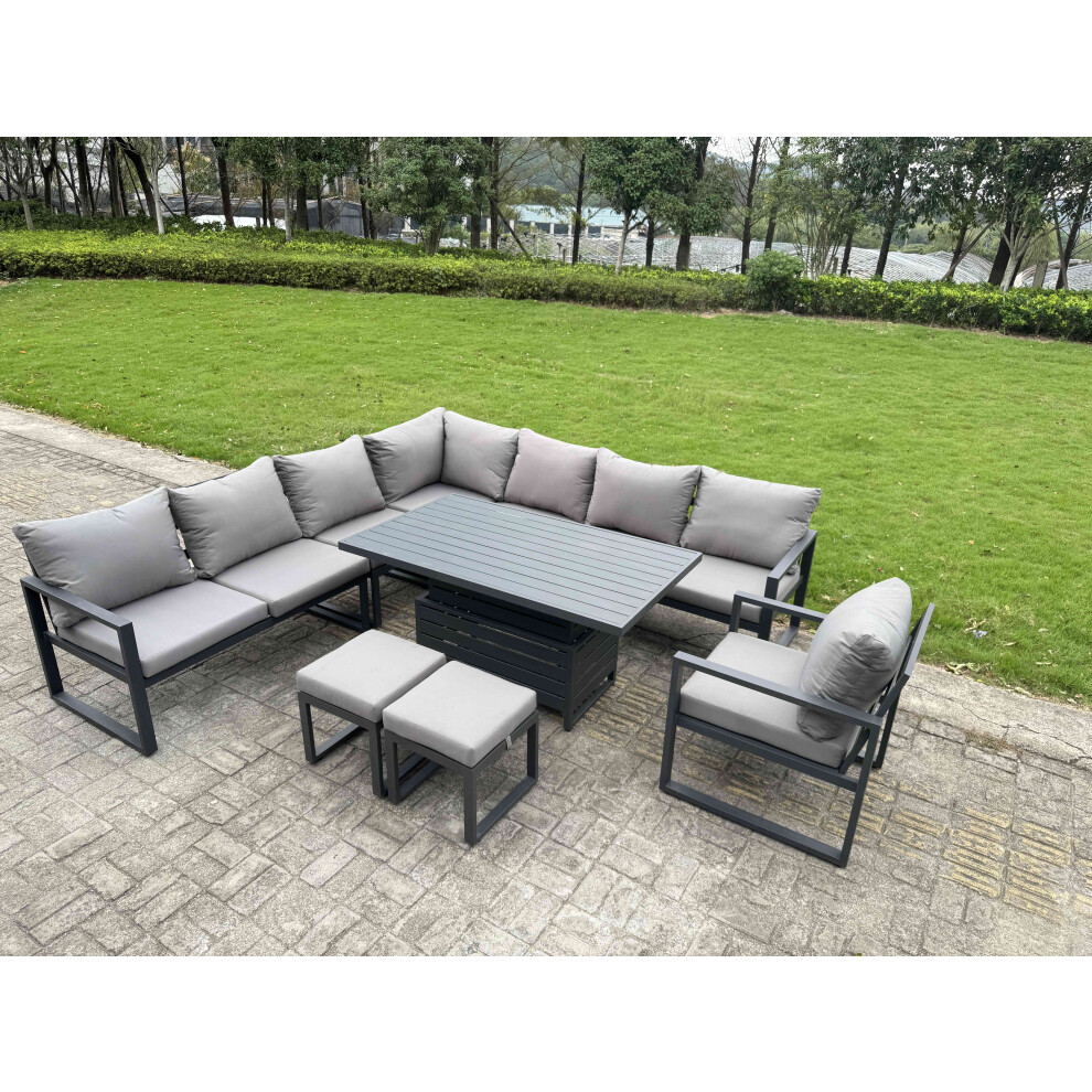 Fimous 9 Piece L-Shaped Garden Furniture Set 10-Seater Aluminium Outdoor Dining Set With Adjustable Rising Lifting Dining Table Chair 2 Small Footstoo