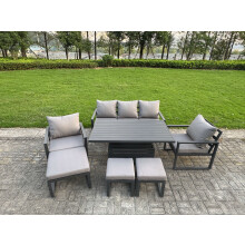 Fimous Aluminium Garden Furniture Sets 8 Seater Outdoor Sofa Set with Adjustable Rising Lifting Dining Table 2 Chairs 3 Footstools