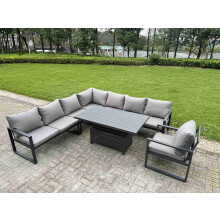 Fimous 7 Piece L-shaped Garden Furniture Set 8-Seater Aluminium Outdoor Dining Set with Adjustable Rising Lifting Dining Table Dark Grey