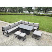 Fimous L-shaped Garden Furniture Set 10-Seater Aluminium Outdoor Dining Set with Adjustable Rising Lifting Dining Table 3 Footstools Dark Grey
