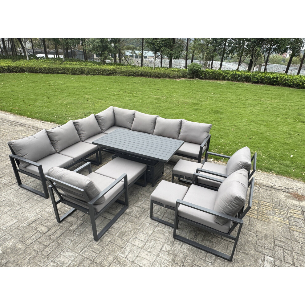 Fimous L-Shaped Garden Furniture Set 13-Seater Aluminium Outdoor Dining Set With Adjustable Rising Lifting Dining Table 3 Footstools 3 Chairs Dark Gre