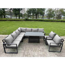 Fimous 8 Piece L-shaped Garden Furniture Set 9-Seater Aluminium Outdoor Dining Set with Adjustable Rising Lifting Dining Table 2 Chairs Dark Grey