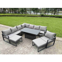 Fimous 10 Seater Aluminium Sofa Set 9 Pieces Outdoor Garden Furniture - Rising Dining Table with Cushions 2 Big Footstools Dark Grey