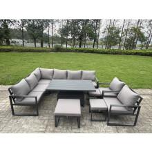 Fimous Aluminium Adjustable Rising Lifting Dining Table Sofa Set 11 Seat Aluminium Garden Furniture Sets with 3 Footstools 2 Chairs Dark Grey