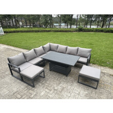 Fimous 9 Seater Aluminium Sofa Set 8 Pieces Outdoor Garden Furniture - Rising Dining Table with Cushions Dark Grey