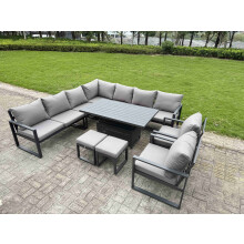 Fimous 10 Piece L-shaped Garden Furniture Set 11-Seater Aluminium Outdoor Dining Set with Adjustable Rising Lifting Dining Table 2 Chairs 2 Small Foot