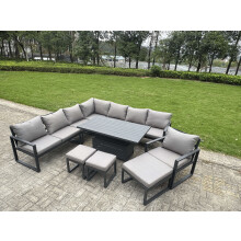 Fimous L-shaped Garden Furniture Set 11-Seater Aluminium Outdoor Dining Set with Adjustable Rising Lifting Dining Table 3 Footstools Chair Dark Grey