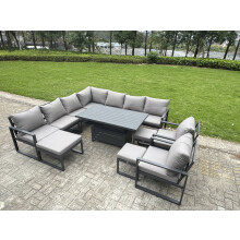 Fimous L-shaped Garden Furniture Set 12-Seater Aluminium Outdoor Dining Set with Adjustable Rising Lifting Dining Table 3 Footstools 2 Chairs Dark Gre
