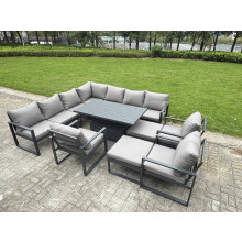 Fimous 12 Seater Aluminium Sofa Set 11 Pieces Outdoor Garden Furniture - Rising Dining Table with Cushions 2 Big Footstools 3 Chairs Footstool Dark Gr