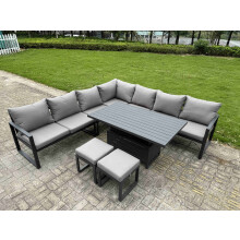 Fimous 8 Piece L-shaped Garden Furniture Set 9-Seater Aluminium Outdoor Dining Set with Adjustable Rising Lifting Dining Table 2 Small Footstools Dark