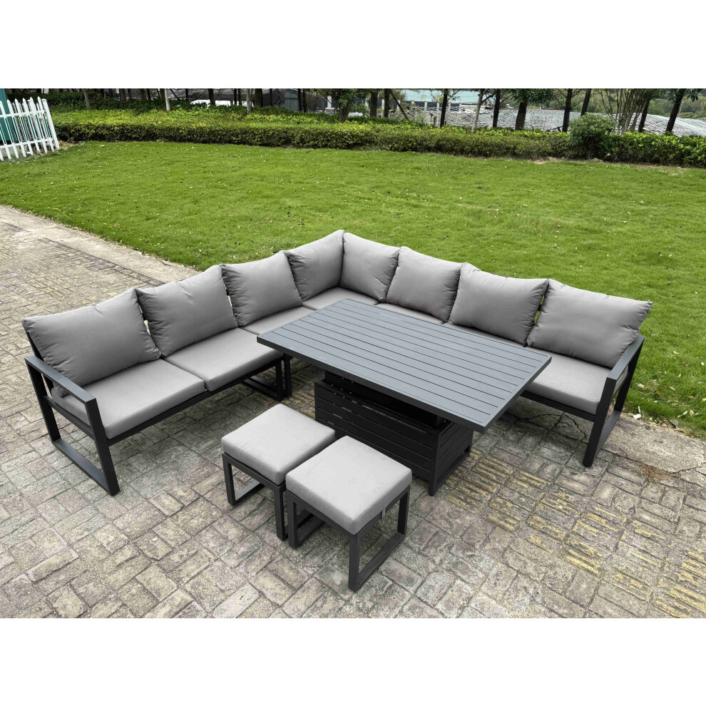 Fimous Dark/Grey 9 Seater Aluminium Garden Furniture Set With Adjustable Rising Dining Table 2 Footstools - Image 2